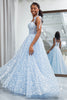 Load image into Gallery viewer, Sky Blue A Line Long Corset Printed Prom Dress With Adjustable Straps