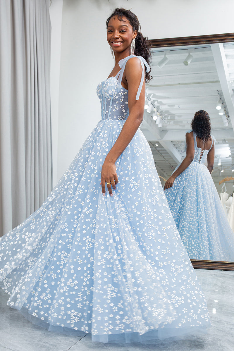 Load image into Gallery viewer, Sky Blue A Line Long Corset Printed Prom Dress With Adjustable Straps