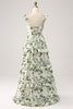 Load image into Gallery viewer, Green Floral Ruffles Tiered Prom Dress with Slit