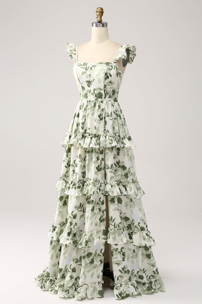 Load image into Gallery viewer, Green Floral Ruffles Tiered Prom Dress with Slit