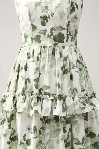 Green Floral Ruffles Tiered Prom Dress with Slit