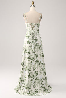 Cowl Neck Green Floral A Line Prom Dress with Slit