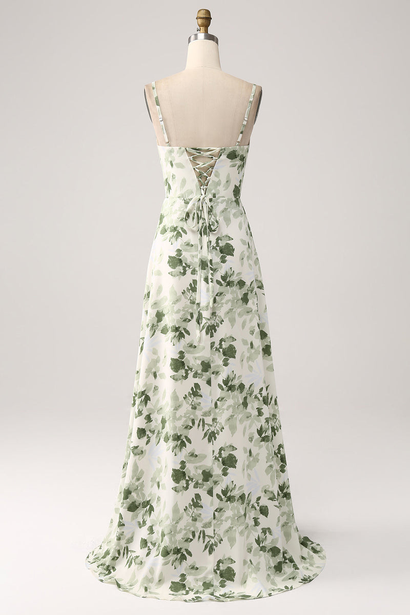 Load image into Gallery viewer, Cowl Neck Green Floral A Line Prom Dress with Slit