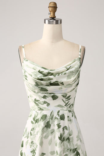 Cowl Neck Green Floral A Line Prom Dress with Slit