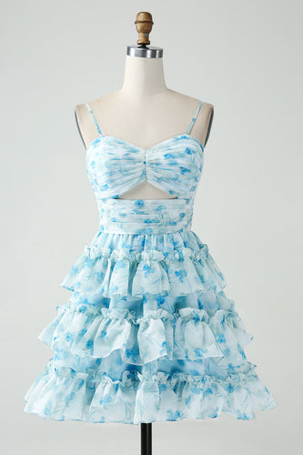 A-Line Blue Spaghetti Straps Floral Short Homecoming Dress