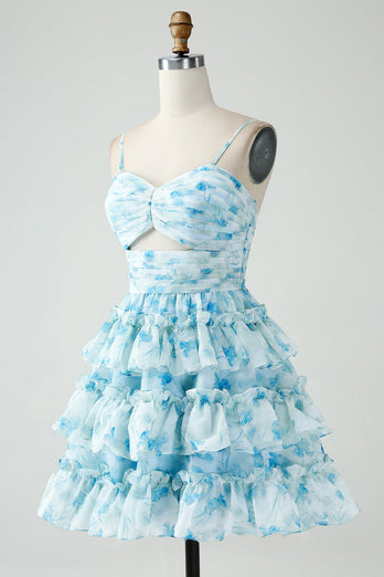 A-Line Blue Spaghetti Straps Floral Short Homecoming Dress