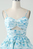 Load image into Gallery viewer, A-Line Blue Spaghetti Straps Floral Short Homecoming Dress