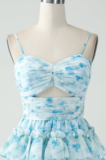 A-Line Blue Spaghetti Straps Floral Short Homecoming Dress