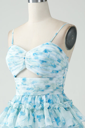 A-Line Blue Spaghetti Straps Floral Short Homecoming Dress