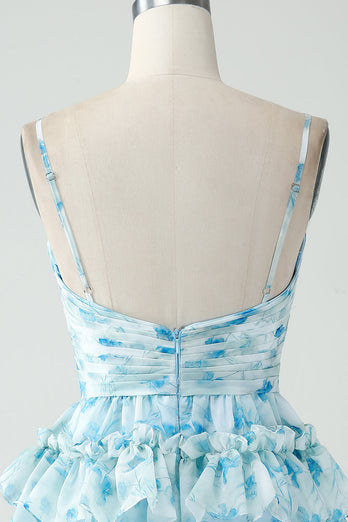 A-Line Blue Spaghetti Straps Floral Short Homecoming Dress