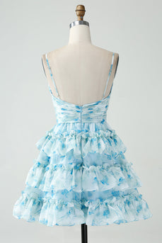 A-Line Blue Spaghetti Straps Floral Short Homecoming Dress