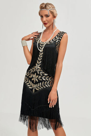 Champagne Gatsby 1920s Dress with Sequins and Fringes