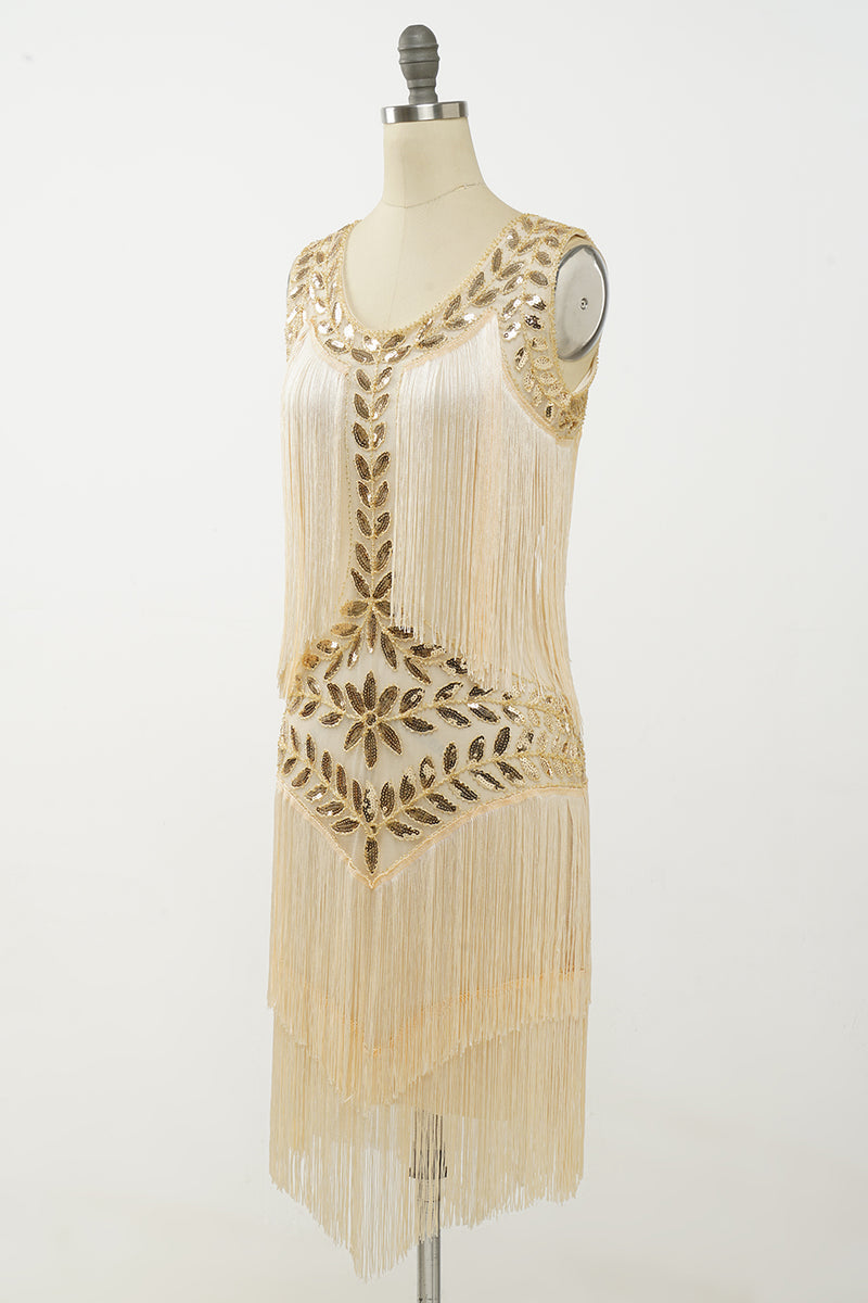 Load image into Gallery viewer, Champagne Gatsby 1920s Dress with Sequins and Fringes