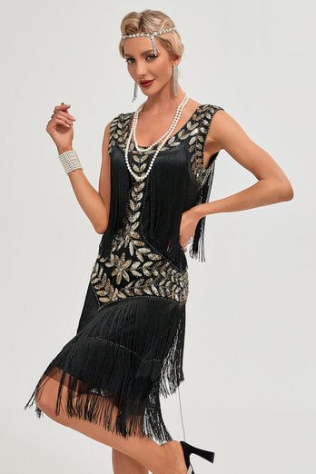 Champagne Gatsby 1920s Dress with Sequins and Fringes