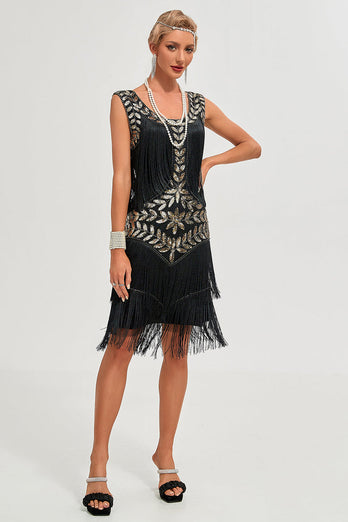 Champagne Gatsby 1920s Dress with Sequins and Fringes