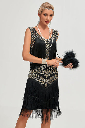 Champagne Gatsby 1920s Dress with Sequins and Fringes