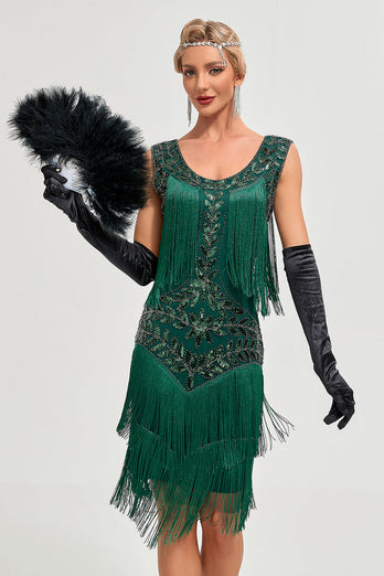 Queendancer Women 1920s Gatsby Dress Dark Green Scoop Neck Vintage Dress with Fringes