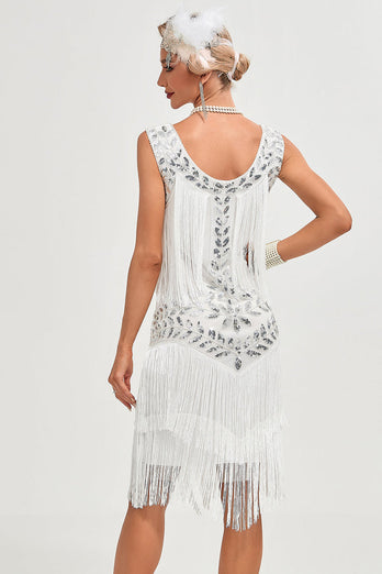 Champagne Gatsby 1920s Dress with Sequins and Fringes