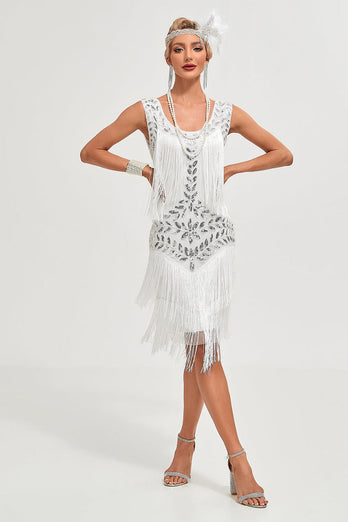 Champagne Gatsby 1920s Dress with Sequins and Fringes