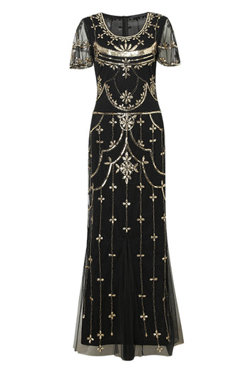 Black Blush Sequins Long 1920s Dress