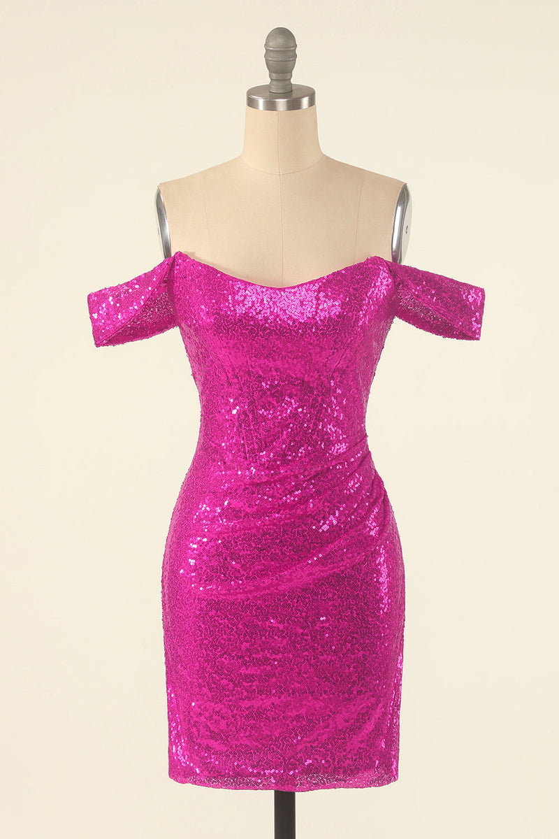 Load image into Gallery viewer, Fuchsia Off the Shoulder Tight Homecoming Dress with Sequins