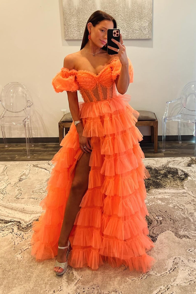 Load image into Gallery viewer, Orange Corset A-Line Tulle Long Prom Dress