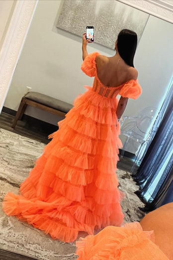 Orange Corset A-Line Tulle Long Prom Dress