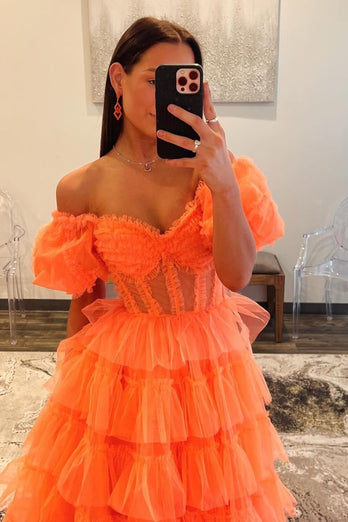 Orange Corset A-Line Tulle Long Prom Dress