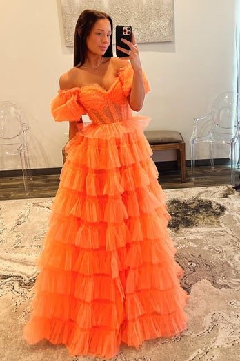 Orange Corset A-Line Tulle Long Prom Dress