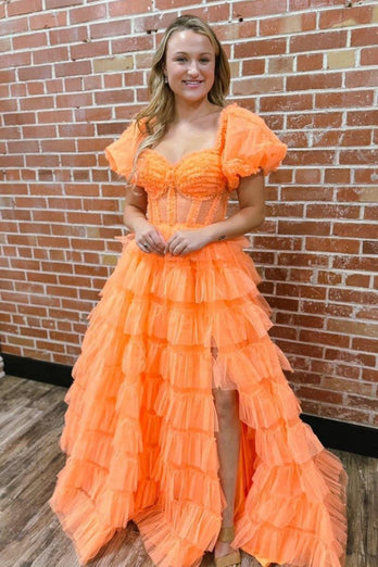 Orange Corset A-Line Tulle Long Prom Dress