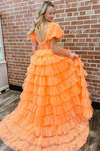 Orange Corset A-Line Tulle Long Prom Dress