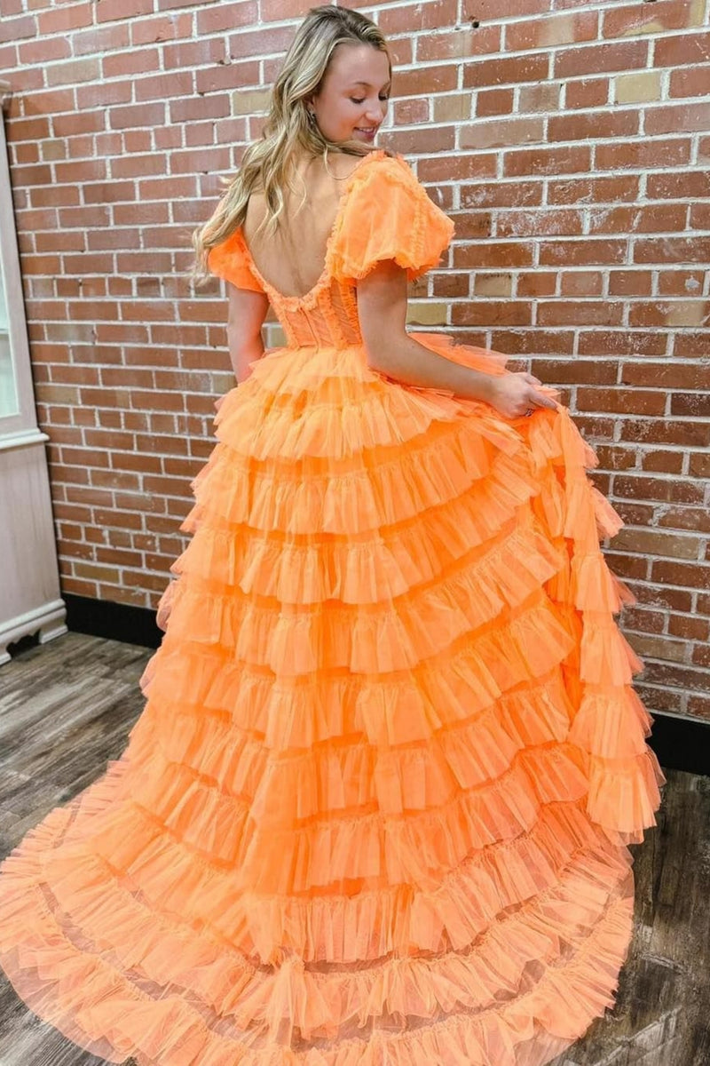 Load image into Gallery viewer, Orange Corset A-Line Tulle Long Prom Dress