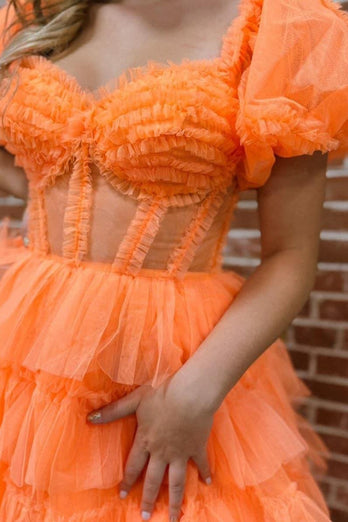 Orange Corset A-Line Tulle Long Prom Dress