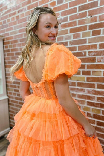 Orange Corset A-Line Tulle Long Prom Dress