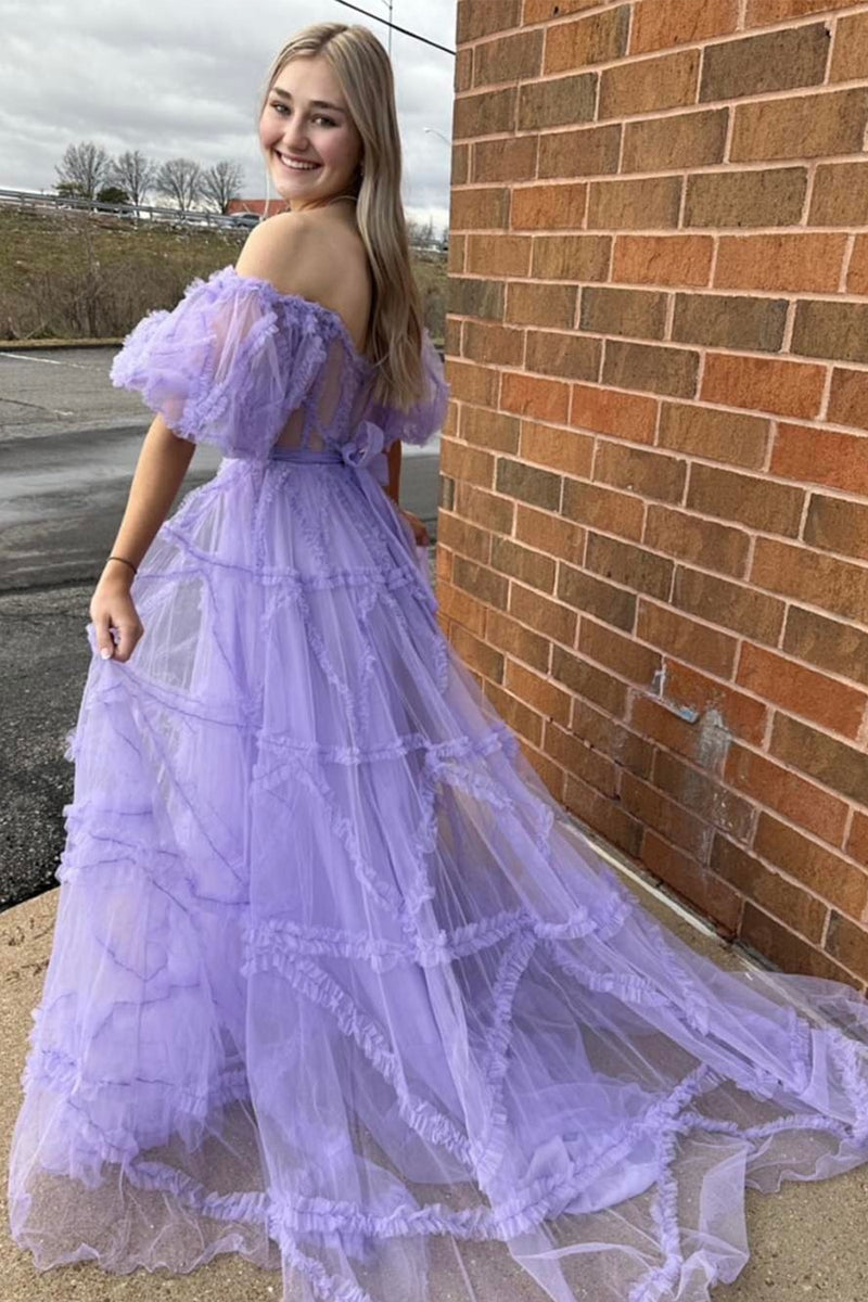 Load image into Gallery viewer, A Line Tulle Off The Shoulder Corset Purple Prom Dress
