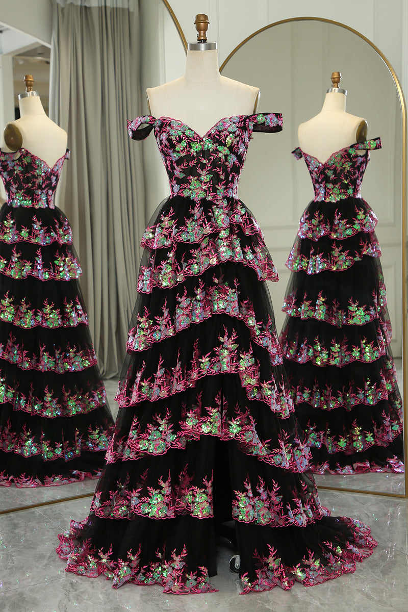 Load image into Gallery viewer, Glitter Black Pink A-Line Tiered Long Prom Dress With Lace