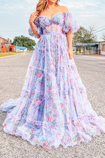 A Line Pink Green Flower Strapless Corset Tulle Long Prom Dress