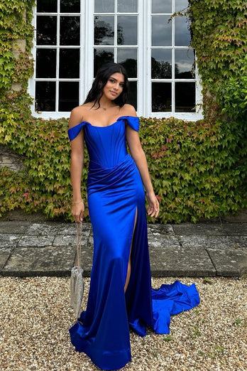 Royal Blue Corset Off the Shoulder Long Prom Dress with Slit