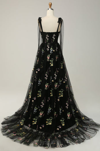 Floral Grey Blue Embroidery A Line Corset Long Prom Dress