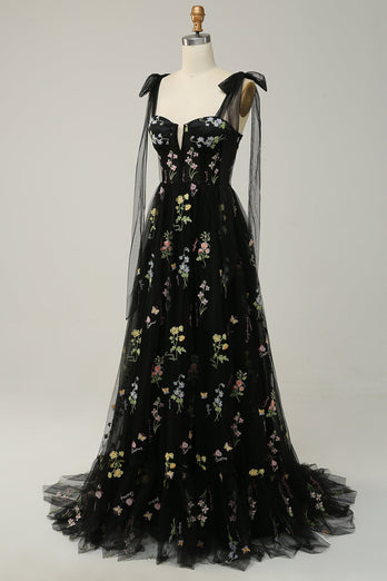 Floral Grey Blue Embroidery A Line Corset Long Prom Dress