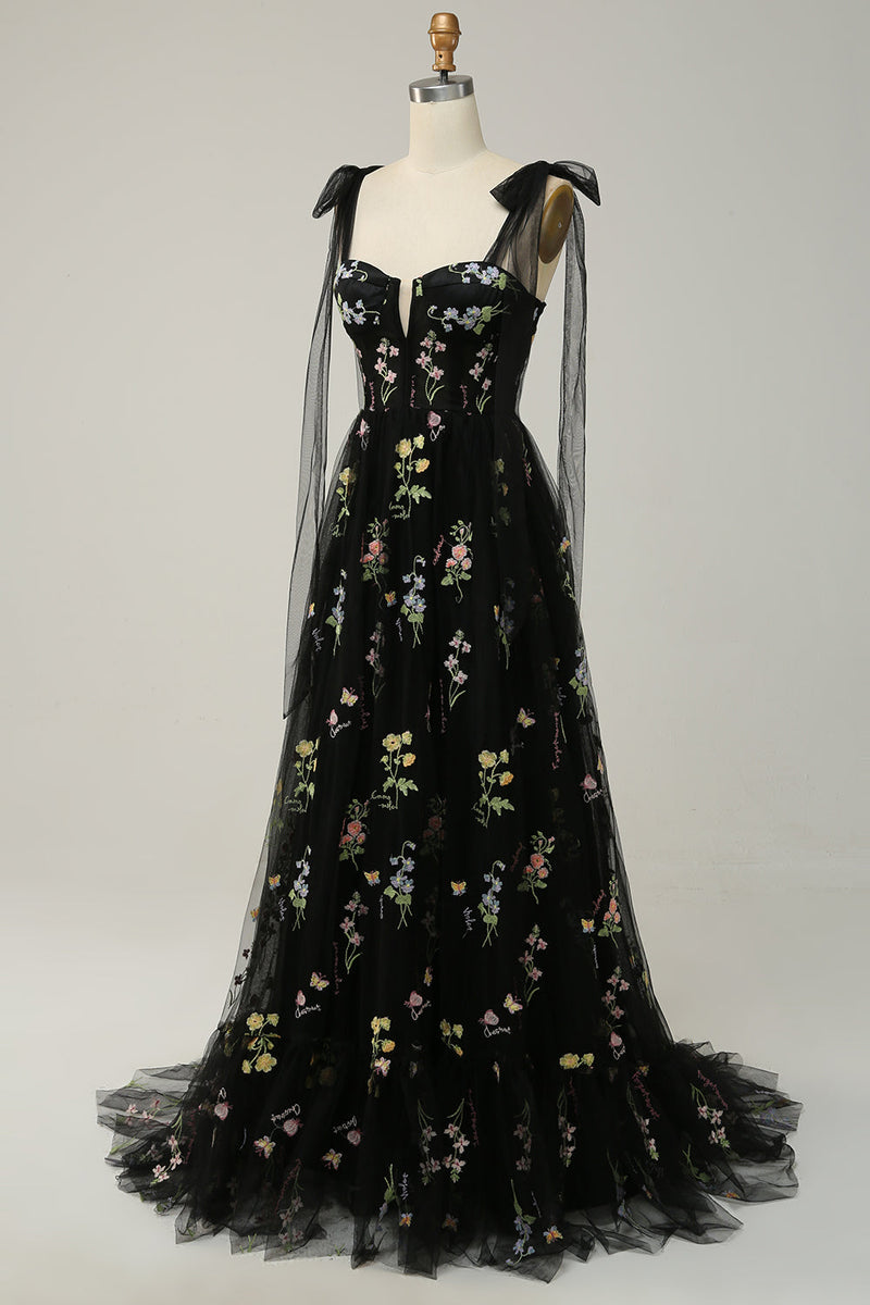 Load image into Gallery viewer, Floral Grey Blue Embroidery A Line Corset Long Prom Dress