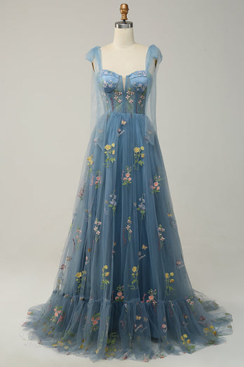 Floral Grey Blue Embroidery A Line Corset Long Prom Dress