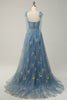 Load image into Gallery viewer, Floral Grey Blue Embroidery A Line Corset Long Prom Dress