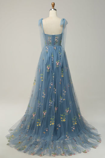 Floral Grey Blue Embroidery A Line Corset Long Prom Dress