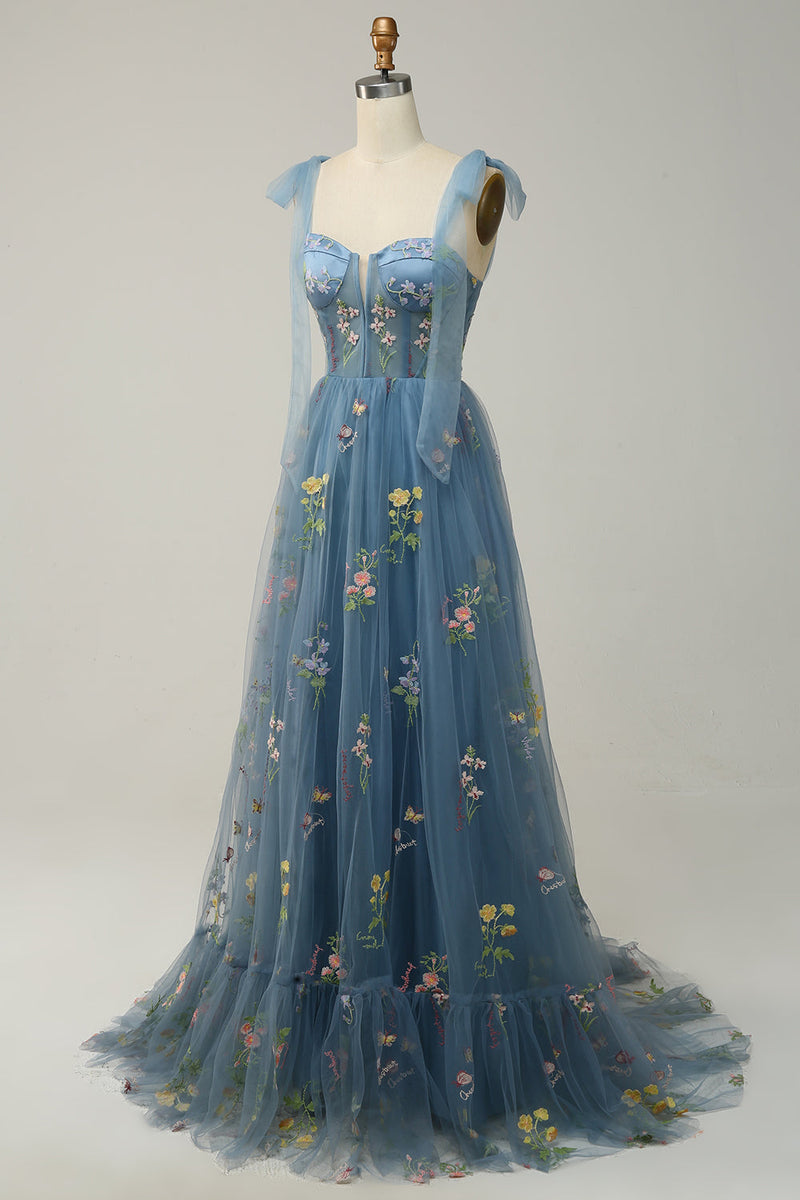 Load image into Gallery viewer, Floral Grey Blue Embroidery A Line Corset Long Prom Dress