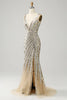 Load image into Gallery viewer, Sparkly Golden V-Neck Beaded Sequins Long Prom Dress with Slit