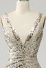 Load image into Gallery viewer, Sparkly Golden V-Neck Beaded Sequins Long Prom Dress with Slit