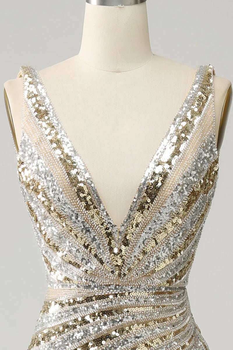 Load image into Gallery viewer, Sparkly Golden V-Neck Beaded Sequins Long Prom Dress with Slit