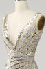 Load image into Gallery viewer, Sparkly Golden V-Neck Sequins Long Prom Dress