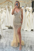 Load image into Gallery viewer, Glitter Golden Backless Beaded Long Prom Dress with Slit